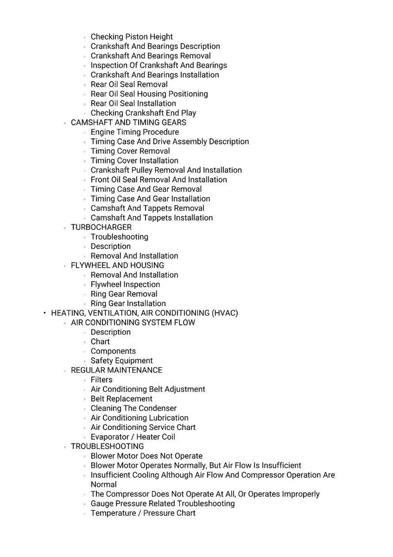 May include: A detailed list of automotive repair procedures, including engine timing, air conditioning system flow, and regular maintenance tasks. The text is in black font on a white background.