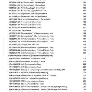 K&ouml;nnte beinhalten: Eine Seite aus einem Handbuch mit einer Liste von Diagnose-Fehlercodes, einschlie&szlig;lich Sensorfehler, Kommunikationsfehler und Probleme mit der Steuereinheit. Der Text ist schwarz auf wei&szlig;em Hintergrund, mit Seitenzahlen.