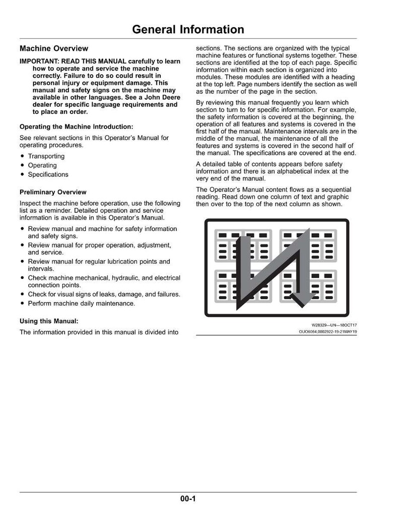 Op de afbeelding: Een pagina uit de handleiding met de titel "Algemene informatie". De tekst beschrijft de werking, veiligheid en het onderhoud van de machine. Bevat een diagram en het paginanummer "00-1".