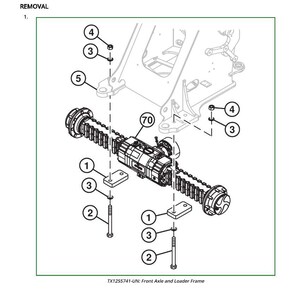 K&ouml;nnte beinhalten: Technische Zeichnung einer Vorderachse und eines Laderahmens mit nummerierten Teilen und Beschriftungen. Das Bild zeigt Schrauben, Halterungen und einen zentralen Mechanismus, wahrscheinlich f&uuml;r die Maschinenwartung. Der Text unten lautet "TX1255741-UN: Front Axle and Loader Frame."