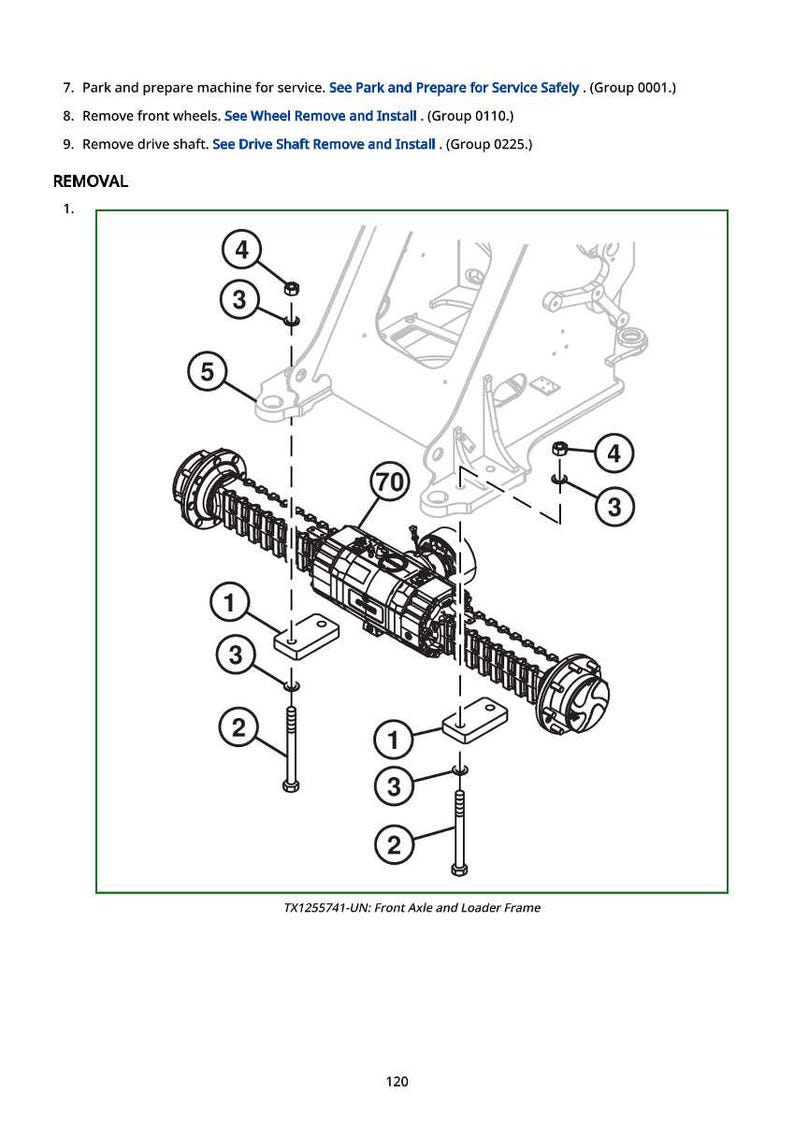 K&ouml;nnte beinhalten: Technische Zeichnung einer Vorderachse und eines Laderahmens mit nummerierten Teilen und Beschriftungen. Das Bild zeigt Schrauben, Halterungen und einen zentralen Mechanismus, wahrscheinlich f&uuml;r die Maschinenwartung. Der Text unten lautet "TX1255741-UN: Front Axle and Loader Frame."