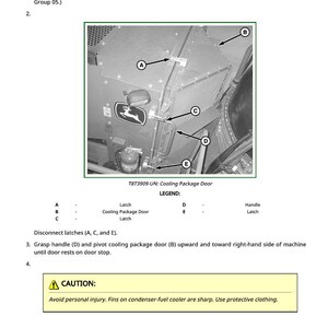May include: Diagram of air conditioning condenser-fuel cooler installation. The image includes a detailed view of the cooling package door, latches, and handle, with a warning about sharp fins.