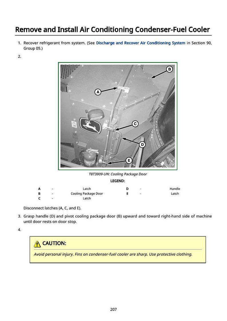 May include: Diagram of air conditioning condenser-fuel cooler installation. The image includes a detailed view of the cooling package door, latches, and handle, with a warning about sharp fins.