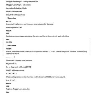 May include: A white document with black text detailing procedures for a chopper vane angle, including diagnostics and troubleshooting steps. The document includes headings, instructions, and technical specifications.