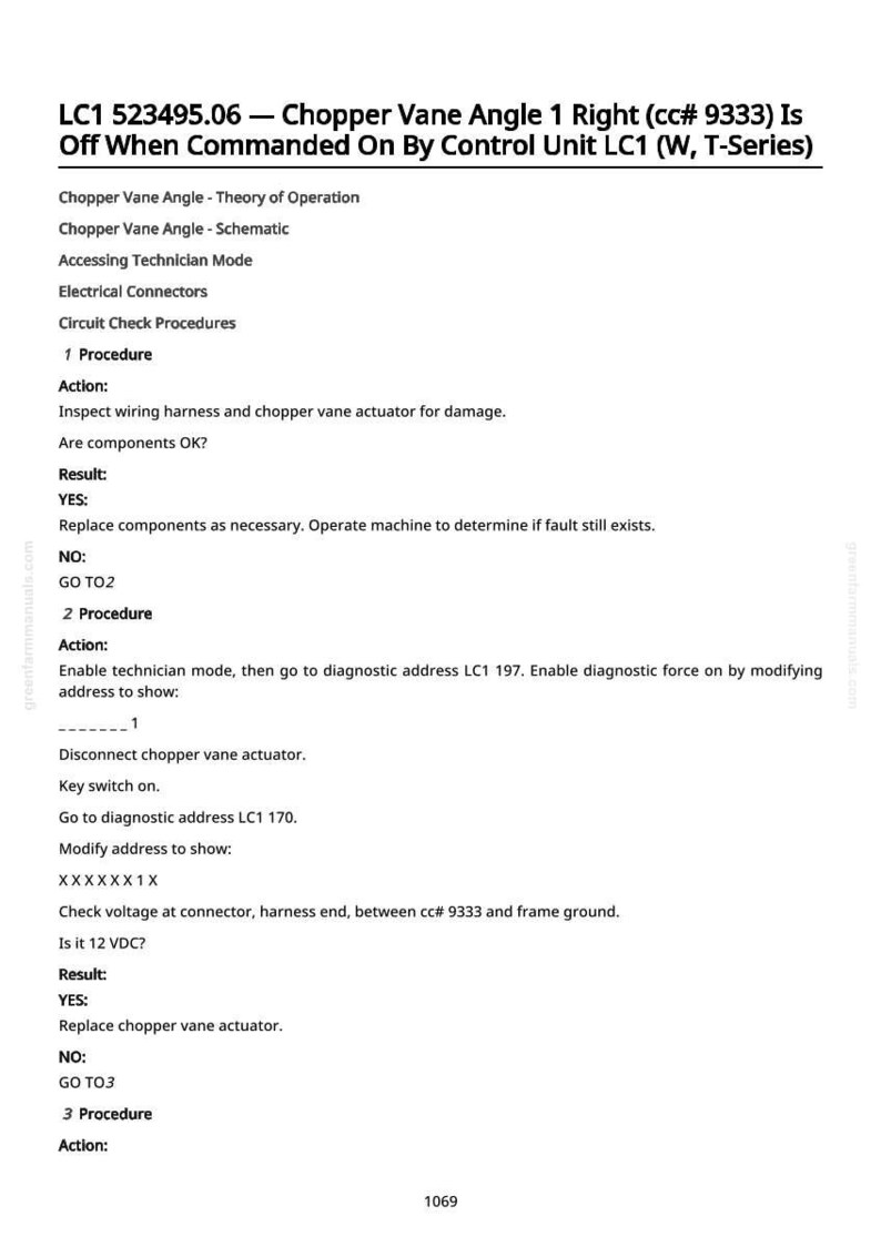 May include: A white document with black text detailing procedures for a chopper vane angle, including diagnostics and troubleshooting steps. The document includes headings, instructions, and technical specifications.