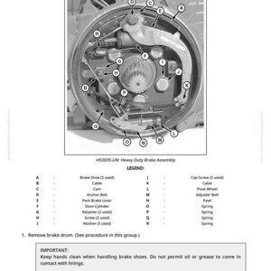 Peut inclure: Sch&eacute;ma d&eacute;taill&eacute; d'un ensemble de freinage robuste, avec des &eacute;tiquettes pour les composants tels que les m&acirc;choires de frein, les c&acirc;bles et les boulons de r&eacute;glage. Instructions pour retirer le sabot de frein et consignes de s&eacute;curit&eacute;.