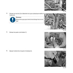 May include: Technical diagram with step-by-step instructions for a mechanical intervention. The image shows close-up views of machinery components, including pipes, fittings, and screws, with accompanying text in French.