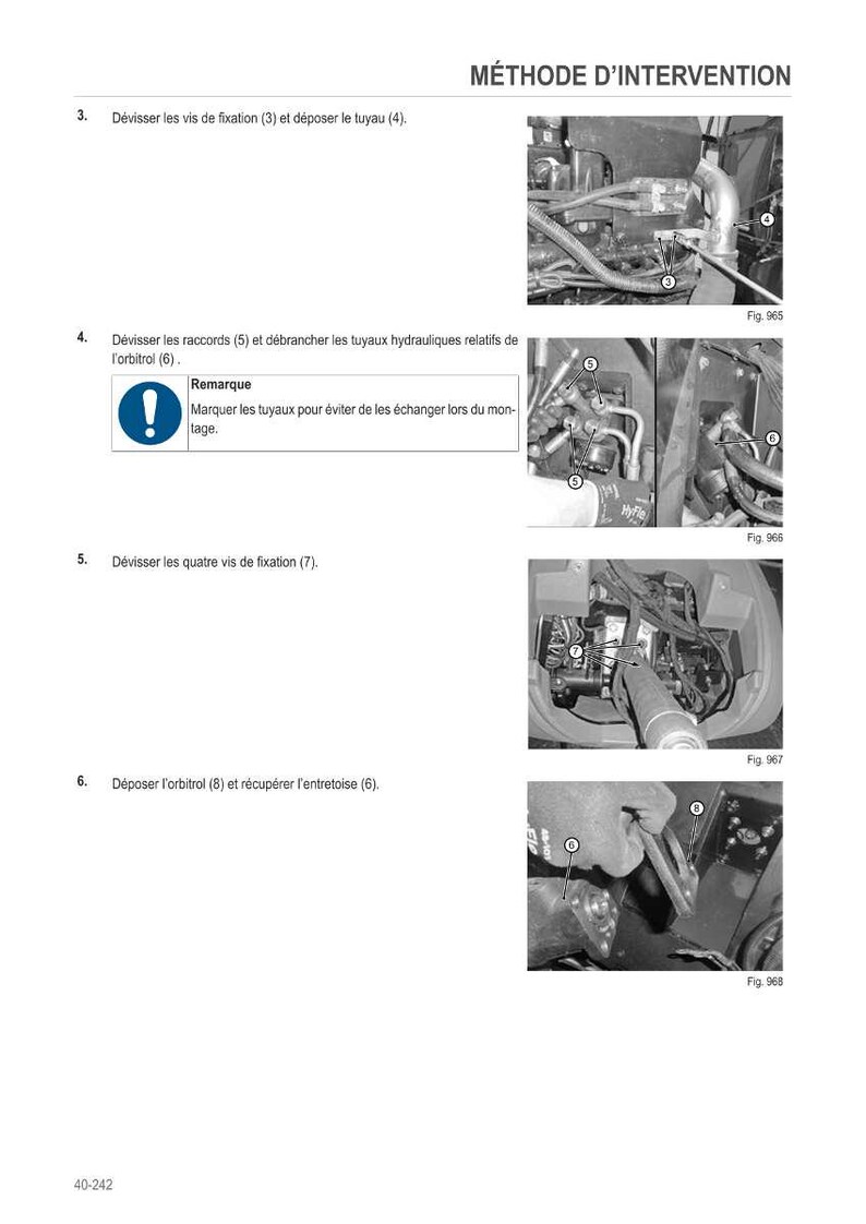 May include: Technical diagram with step-by-step instructions for a mechanical intervention. The image shows close-up views of machinery components, including pipes, fittings, and screws, with accompanying text in French.