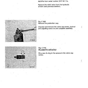 May include: Technical diagram from a manual showing hydraulic system components. Includes illustrations of a valve assembly being disassembled with a wrench and a close-up of a valve component with an arrow. Text includes instructions.