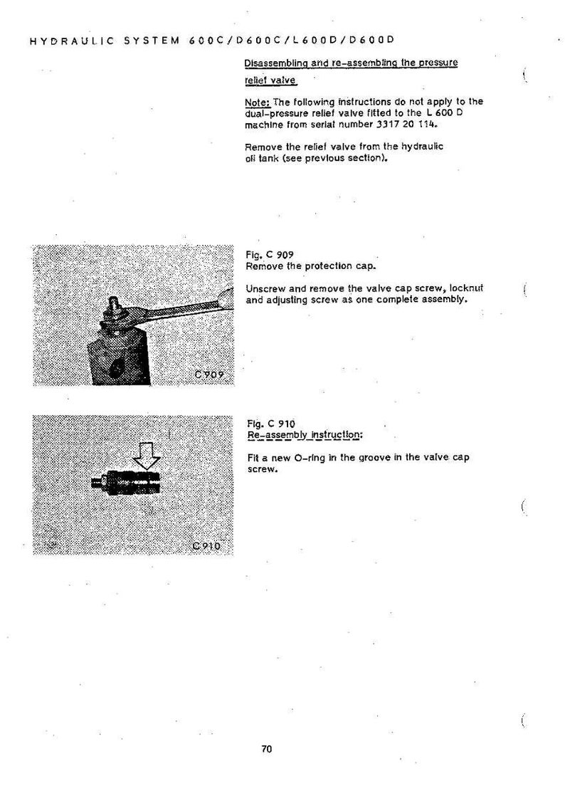 May include: Technical diagram from a manual showing hydraulic system components. Includes illustrations of a valve assembly being disassembled with a wrench and a close-up of a valve component with an arrow. Text includes instructions.