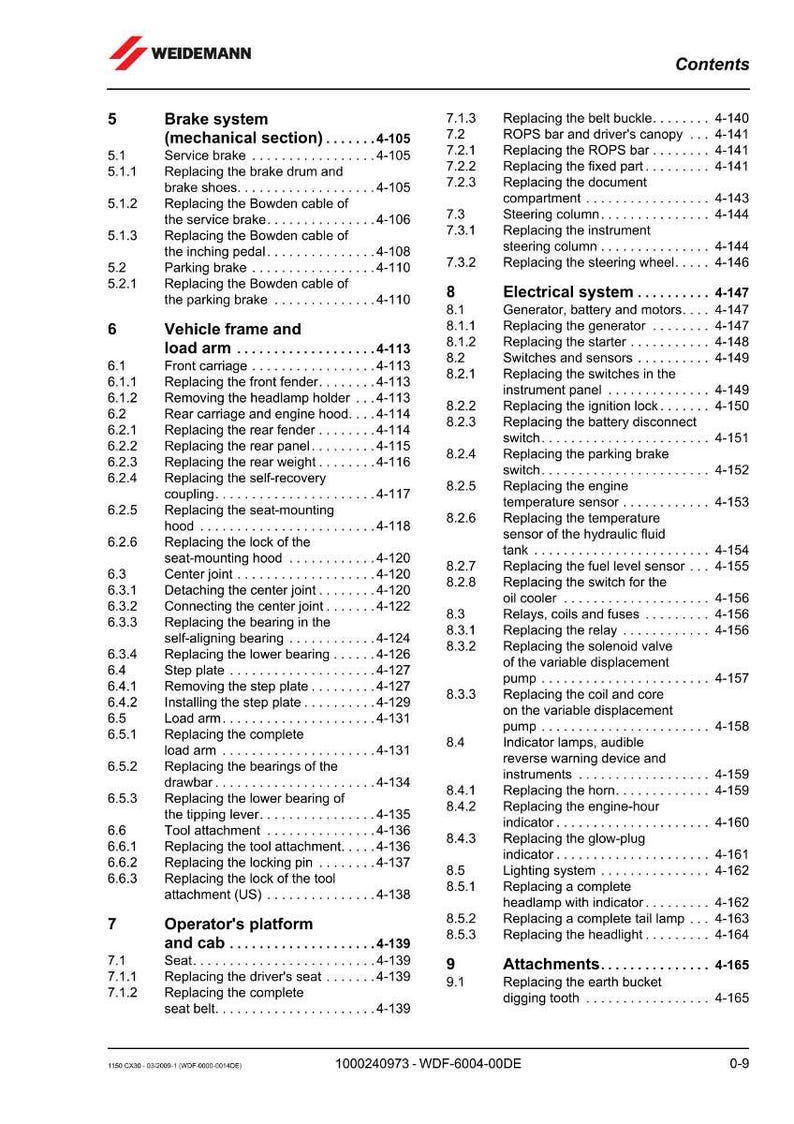 May include: A detailed table of contents from a Weidemann manual, listing sections on brake systems, vehicle frames, electrical systems, and operator platforms. The document includes page numbers for easy reference.