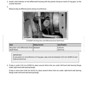 May include: Diagram showing the adjustment of rear differential backlash. The image features mechanical components and a dial indicator. Text provides instructions and measurements in millimetres and inches.