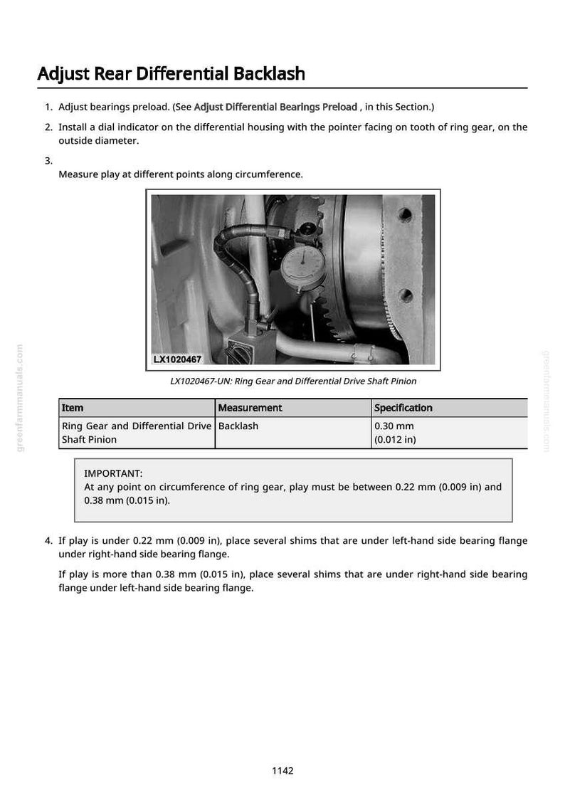 May include: Diagram showing the adjustment of rear differential backlash. The image features mechanical components and a dial indicator. Text provides instructions and measurements in millimetres and inches.