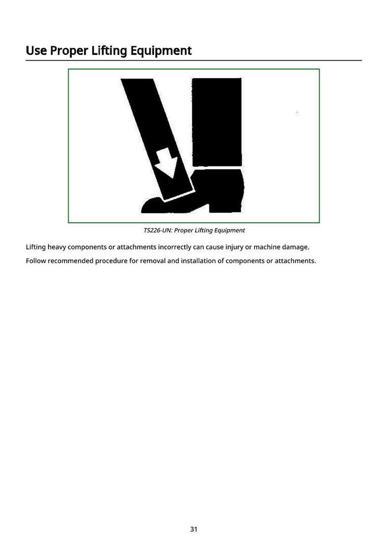 May include: Image shows a black and white illustration of a person lifting an object, with a downward-pointing arrow. The text reads "Use Proper Lifting Equipment" and "TS226-UN: Proper Lifting Equipment."