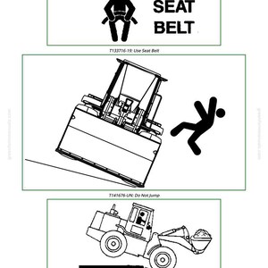 Puede incluir: Se&ntilde;ales de instrucciones de seguridad con ilustraciones en blanco y negro. Las se&ntilde;ales incluyen un recordatorio del cintur&oacute;n de seguridad, una advertencia sobre saltar y un recordatorio para asegurar una base s&oacute;lida. El texto incluye "USE SEAT BELT", "Do Not Jump" y "Ensure solid footing."