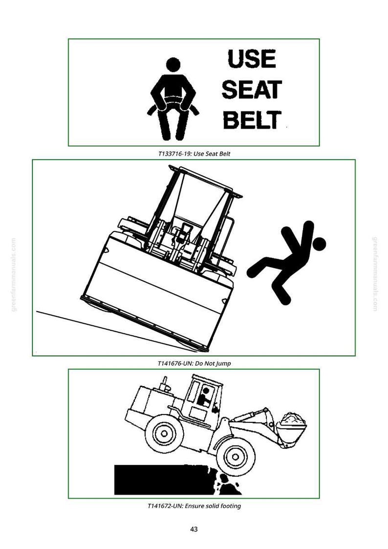 Puede incluir: Se&ntilde;ales de instrucciones de seguridad con ilustraciones en blanco y negro. Las se&ntilde;ales incluyen un recordatorio del cintur&oacute;n de seguridad, una advertencia sobre saltar y un recordatorio para asegurar una base s&oacute;lida. El texto incluye "USE SEAT BELT", "Do Not Jump" y "Ensure solid footing."
