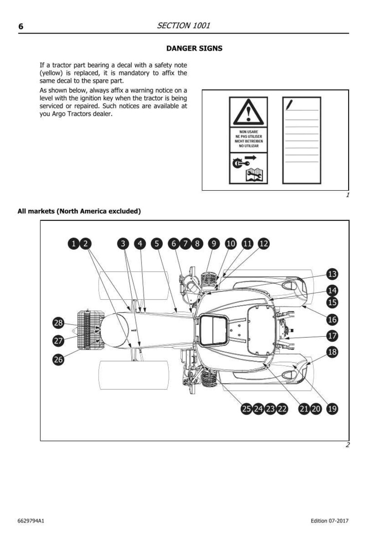 K&ouml;nnte beinhalten: Diagramm eines Traktors mit nummerierten Teilen, einschlie&szlig;lich R&auml;dern, Motorkomponenten und einem Fahrerbereich. Das Bild enth&auml;lt Sicherheitshinweise und Text in Englisch, Deutsch und Spanisch. Der Text lautet "DANGER SIGNS".