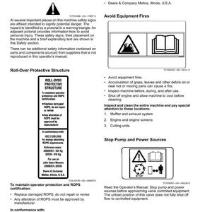 May include: A page from an operator's manual with safety information. It includes warnings about fire hazards, roll-over protective structures, and stopping pump and power sources. The manual features diagrams and text.