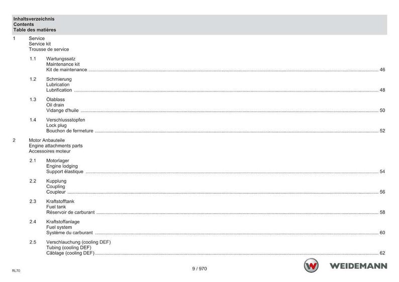 May include: A manual page with a table of contents in English, German, and French. The list details service and engine components such as lubrication, fuel tank, and cooling systems. The Weidemann logo is visible at the bottom right of the page.
