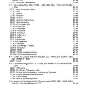 May include: A detailed table of contents from a technical manual, featuring a list of engine-related topics. The text includes sections on valve components, crankshaft inspection, and seal replacement, with corresponding page numbers.