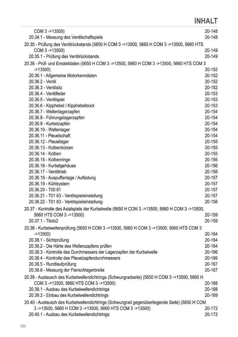 May include: A detailed table of contents from a technical manual, featuring a list of engine-related topics. The text includes sections on valve components, crankshaft inspection, and seal replacement, with corresponding page numbers.