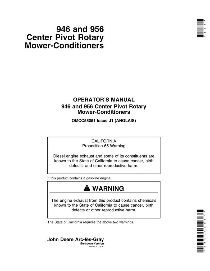 May include: A white document with black text. The text reads "946 and 956 Center Pivot Rotary Mower-Conditioners" and "OPERATOR'S MANUAL". Includes a California Proposition 65 warning about diesel engine exhaust.