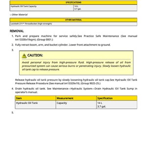 Op de afbeelding: Technisch document getiteld "Boom Swing Cylinder Remove and Install". Bevat specificaties voor de hydraulische olietankcapaciteit: 14 L (3,7 gal). Bevat veiligheidswaarschuwingen en onderhoudsinstructies.
