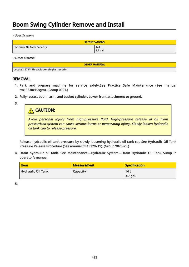 Op de afbeelding: Technisch document getiteld "Boom Swing Cylinder Remove and Install". Bevat specificaties voor de hydraulische olietankcapaciteit: 14 L (3,7 gal). Bevat veiligheidswaarschuwingen en onderhoudsinstructies.