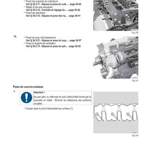May include: Technical diagram with engine components and assembly instructions. Includes close-up images of engine parts, diagrams, and text in French. The diagram shows the method of intervention for engine maintenance.
