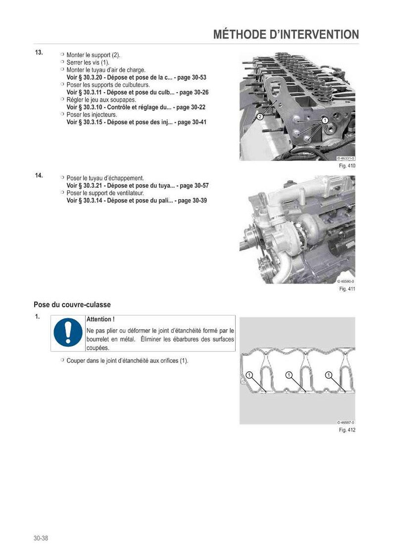 May include: Technical diagram with engine components and assembly instructions. Includes close-up images of engine parts, diagrams, and text in French. The diagram shows the method of intervention for engine maintenance.