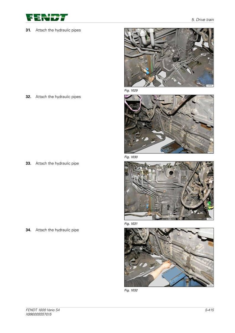 May include: Diagram from a Fendt 1000 Vario S4 manual showing the drive train and hydraulic pipes. The image includes text instructions: "Attach the hydraulic pipes" and "Attach the hydraulic pipe". The images show the engine components.