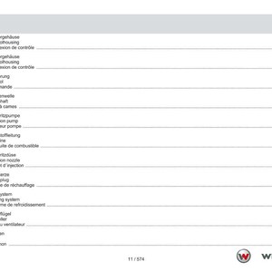 May include: A page from a manual with a table of contents in German, English, and French. The table lists various engine components, including control housing, camshaft, and fuel line. The Weidemann logo is in the bottom right corner.