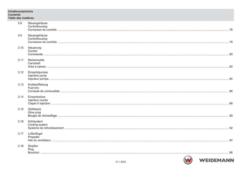 May include: A page from a manual with a table of contents in German, English, and French. The table lists various engine components, including control housing, camshaft, and fuel line. The Weidemann logo is in the bottom right corner.