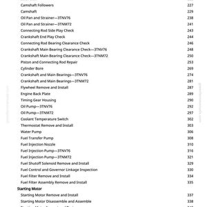 May include: A white page with a list of automotive repair procedures, including timing gear, camshaft, oil pump, and fuel injection system checks. The page also lists procedures for the starting motor and electrical components. The page numbers are on the right.