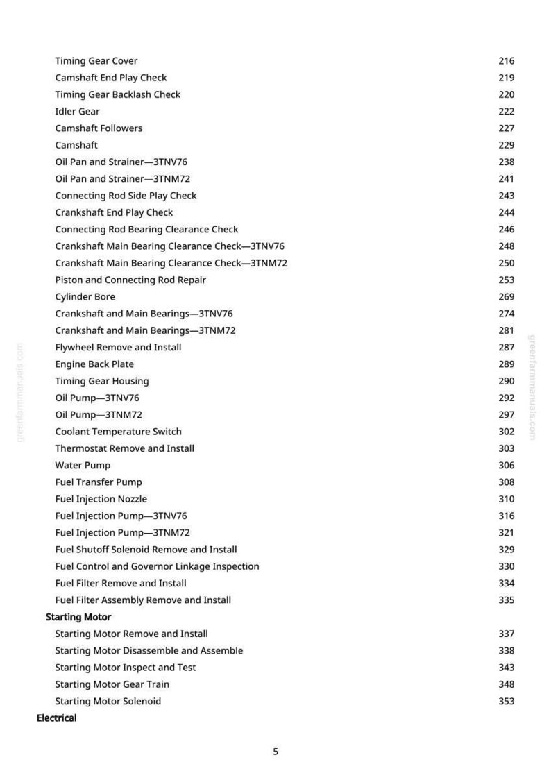 May include: A white page with a list of automotive repair procedures, including timing gear, camshaft, oil pump, and fuel injection system checks. The page also lists procedures for the starting motor and electrical components. The page numbers are on the right.