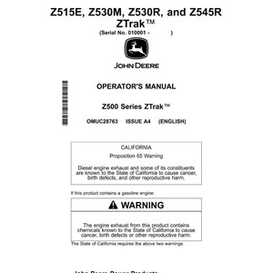 K&ouml;nnte beinhalten: Wei&szlig;es Bedienungshandbuch f&uuml;r Z500 Series ZTrak&trade; M&auml;her. Das Handbuch enth&auml;lt eine Warnung vor Dieselmotoremissionen und Chemikalien von Benzinmotoren. Das John Deere Logo ist sichtbar.