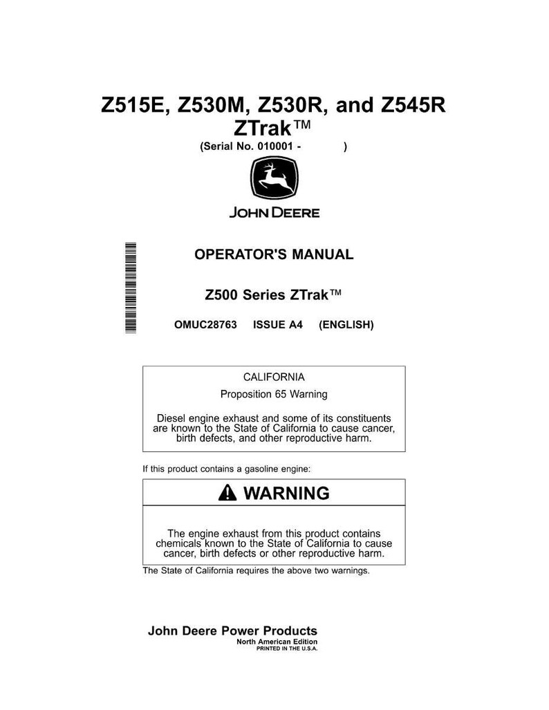 K&ouml;nnte beinhalten: Wei&szlig;es Bedienungshandbuch f&uuml;r Z500 Series ZTrak&trade; M&auml;her. Das Handbuch enth&auml;lt eine Warnung vor Dieselmotoremissionen und Chemikalien von Benzinmotoren. Das John Deere Logo ist sichtbar.