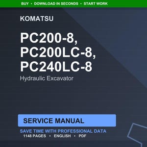 以下が含まれることがあります： PC200-8、PC200LC-8、PC240LC-8モデルを含む、コマツ油圧ショベルのデジタルサービスマニュアル。「サービスマニュアル」と表示され、1148ページの専門的なデータが英語で記載されています。
