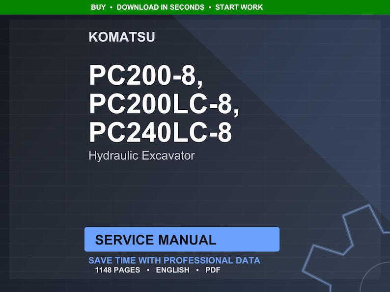 以下が含まれることがあります： PC200-8、PC200LC-8、PC240LC-8モデルを含む、コマツ油圧ショベルのデジタルサービスマニュアル。「サービスマニュアル」と表示され、1148ページの専門的なデータが英語で記載されています。