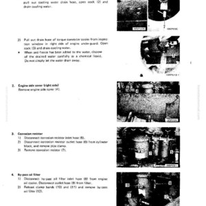 May include: A page from a manual detailing the dismounting of an engine oil cooler. The text includes instructions for draining water, removing covers, and disconnecting hoses. Diagrams with numbered components accompany the text.
