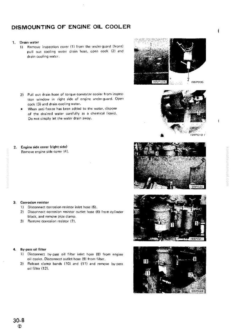 May include: A page from a manual detailing the dismounting of an engine oil cooler. The text includes instructions for draining water, removing covers, and disconnecting hoses. Diagrams with numbered components accompany the text.