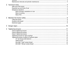 Op de afbeelding: Een pagina uit een handleiding met de titel "INHOUDSOPGAVE" en het Argo Tractors-logo. De tabel bevat secties zoals "Technische notities" en "Aanhaalmomenten". Het document is gedrukt in zwarte tekst op een witte achtergrond.