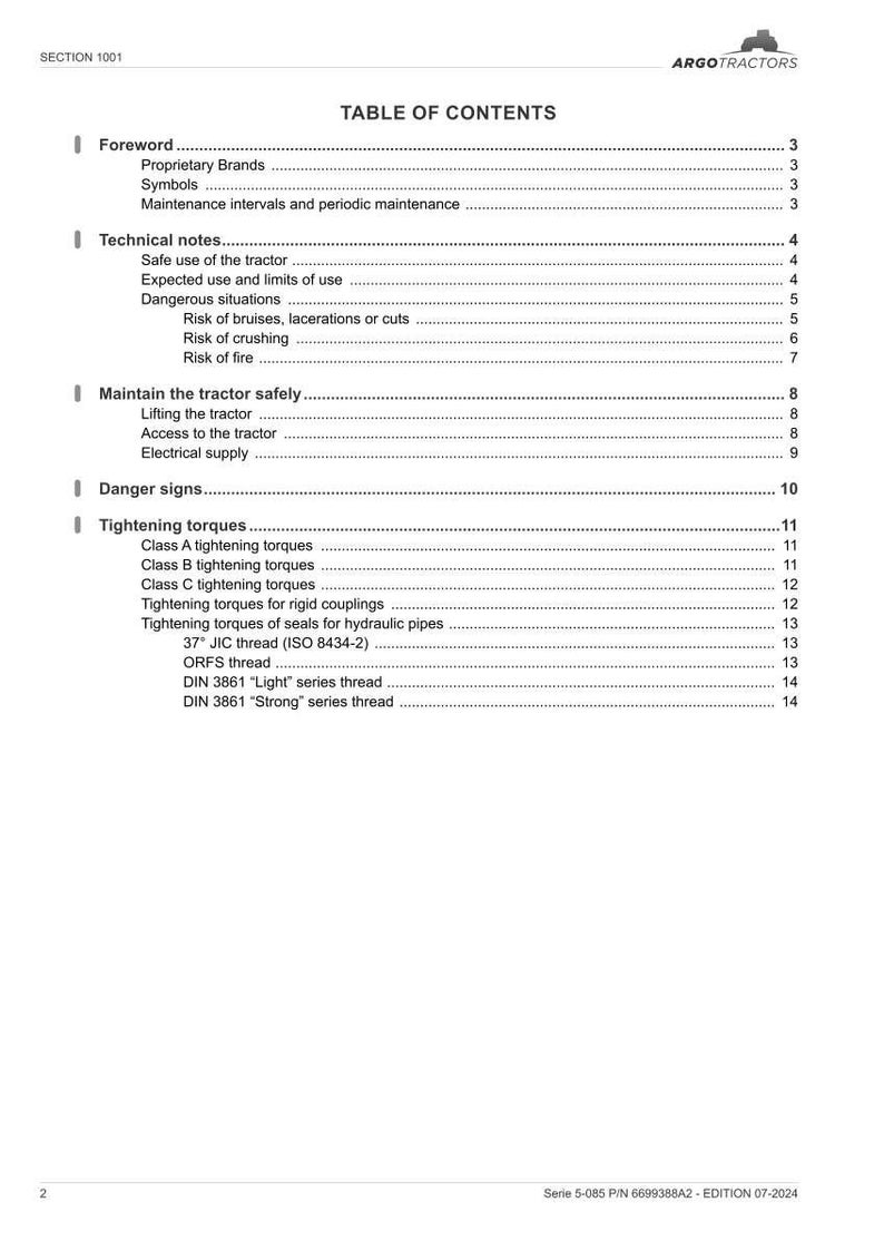 Op de afbeelding: Een pagina uit een handleiding met de titel "INHOUDSOPGAVE" en het Argo Tractors-logo. De tabel bevat secties zoals "Technische notities" en "Aanhaalmomenten". Het document is gedrukt in zwarte tekst op een witte achtergrond.