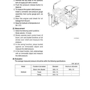 K&ouml;nnte beinhalten: Diagramm zur Einstellung des Druckregelventils des Systems mit Anweisungen. Das Bild enth&auml;lt eine detaillierte Illustration der Komponenten des Systems sowie Text, der die Vorbereitungs-, Mess- und Bewertungsschritte beschreibt. Die Ma&szlig;einheit ist kgf/cm&sup2;.