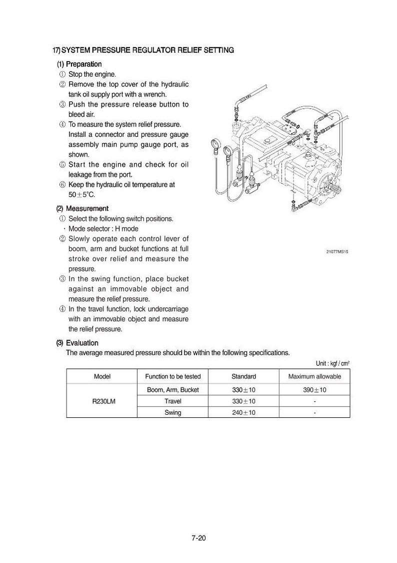 K&ouml;nnte beinhalten: Diagramm zur Einstellung des Druckregelventils des Systems mit Anweisungen. Das Bild enth&auml;lt eine detaillierte Illustration der Komponenten des Systems sowie Text, der die Vorbereitungs-, Mess- und Bewertungsschritte beschreibt. Die Ma&szlig;einheit ist kgf/cm&sup2;.