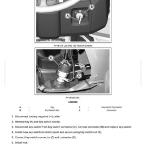 May include: Diagram illustrating the replacement of a key switch, with close-up views of the key switch and related components. Text includes instructions and a legend for the parts. The image is from a tractor manual.