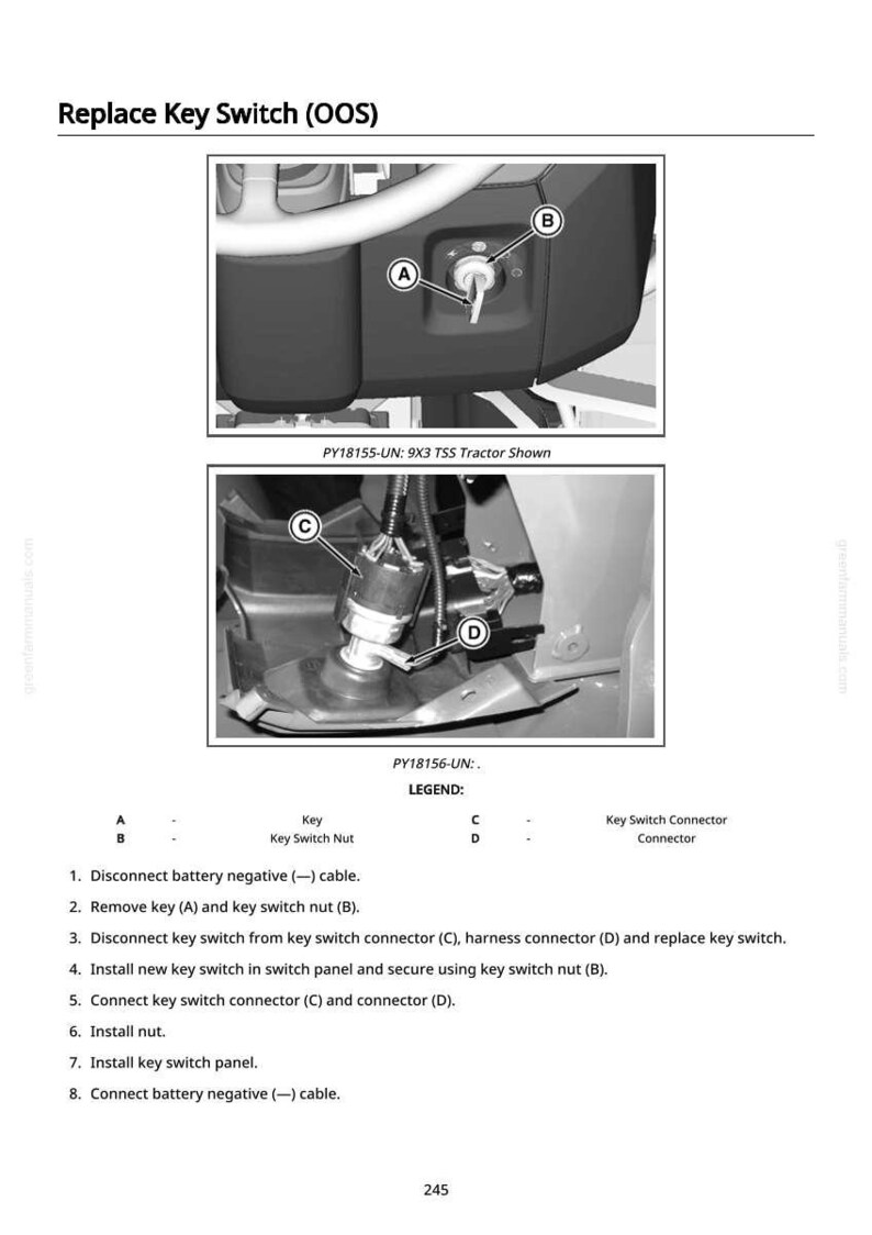 May include: Diagram illustrating the replacement of a key switch, with close-up views of the key switch and related components. Text includes instructions and a legend for the parts. The image is from a tractor manual.