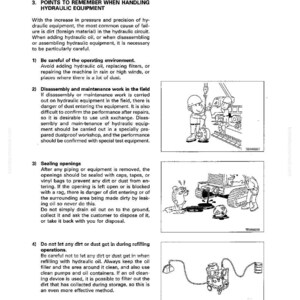 Puede incluir: Una p&aacute;gina de un manual de soluci&oacute;n de problemas con el t&iacute;tulo "Puntos a recordar al manipular equipos hidr&aacute;ulicos". El texto est&aacute; acompa&ntilde;ado de ilustraciones de maquinaria y trabajadores, con pautas de seguridad numeradas.