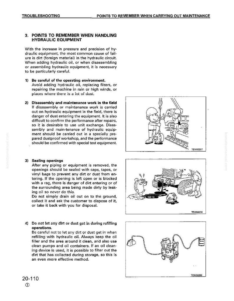Puede incluir: Una p&aacute;gina de un manual de soluci&oacute;n de problemas con el t&iacute;tulo "Puntos a recordar al manipular equipos hidr&aacute;ulicos". El texto est&aacute; acompa&ntilde;ado de ilustraciones de maquinaria y trabajadores, con pautas de seguridad numeradas.