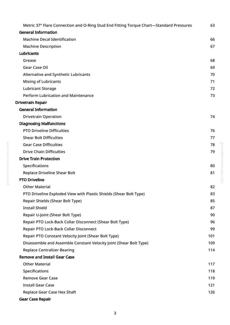Puede incluir: Una p&aacute;gina impresa de un manual con una tabla de contenidos. Los t&iacute;tulos incluyen Informaci&oacute;n general, Lubricantes, Reparaci&oacute;n de la transmisi&oacute;n y Toma de fuerza. El n&uacute;mero de p&aacute;gina es 3.